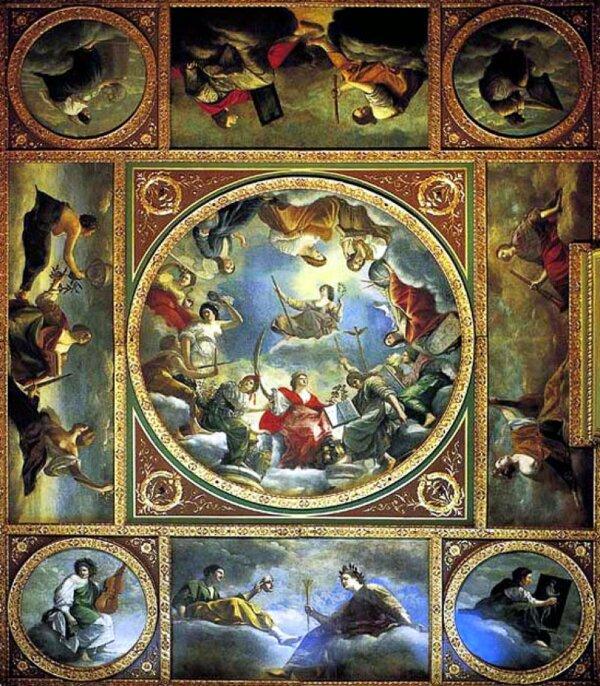 "Allegory of Peace and the Arts Under the English Crown," 1638–1639, by Artemisia Gentileschi. Oil on canvas; 351 inches by 421 inches. Marlborough House, London. (Public Domain)