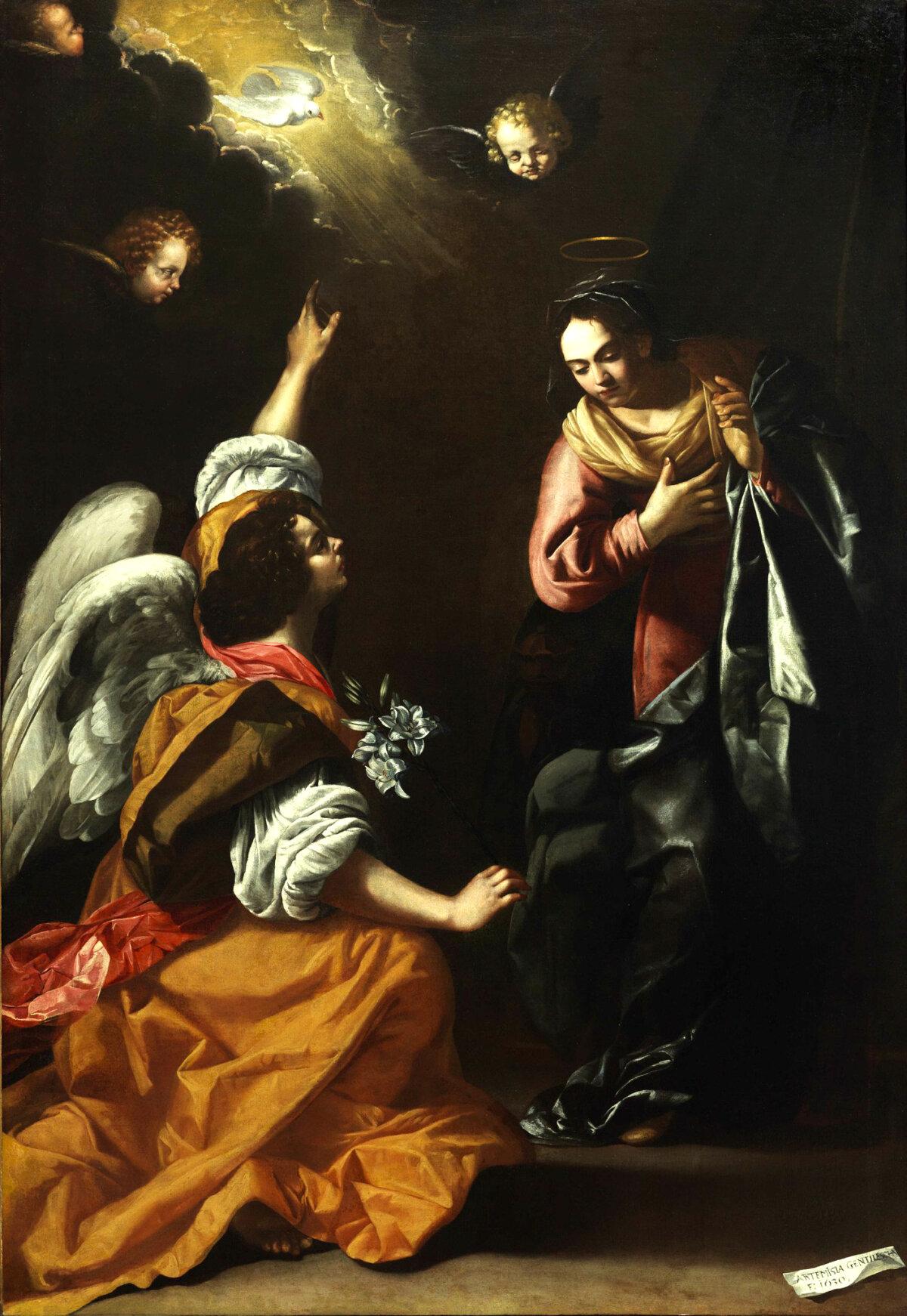 "Annunciation," 1630, by Artemisia Gentileschi. Oil on canvas; 101 inches by 70 3/8 inches. Museo di Capodimonte, Naples, Italy. (Public Domain)