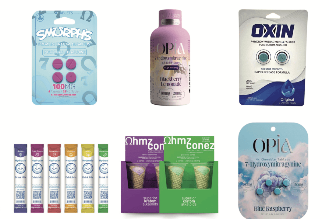 Examples of potent 7-OH products “hiding in plain sight,” according to the FDA. The kratom-derived synthetic compound is highly addictive, up to 50 times more potent than natural kratom powder and up to 20 times stronger than morphine. (FDA.gov)