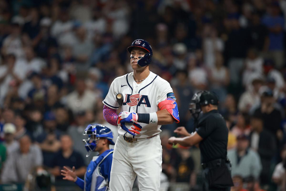 Aaron Judge of the United States looks on while playing against Italy during the 2026 World Baseball Classic at Daikin Park in Houston on March 10, 2026. (Kenneth Richmond/Getty Images)