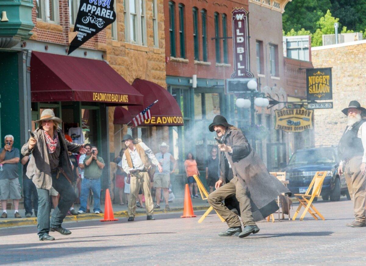A gunfight reenactment in Deadwood, S.D., reminds visitors of that city's storied past. (Jesse Kraft/Dreamstime)