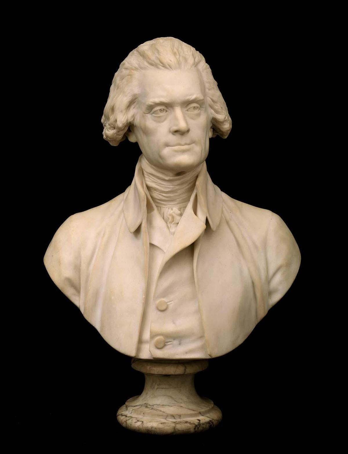 Thomas Jefferson bust, 1789, by Jean-Antoine Houdon. Stone; marble; 22 1/4 inches by 18 7/8 inches by 10 1/4 inches. Museum of Fine Arts Boston. (Public Domain)