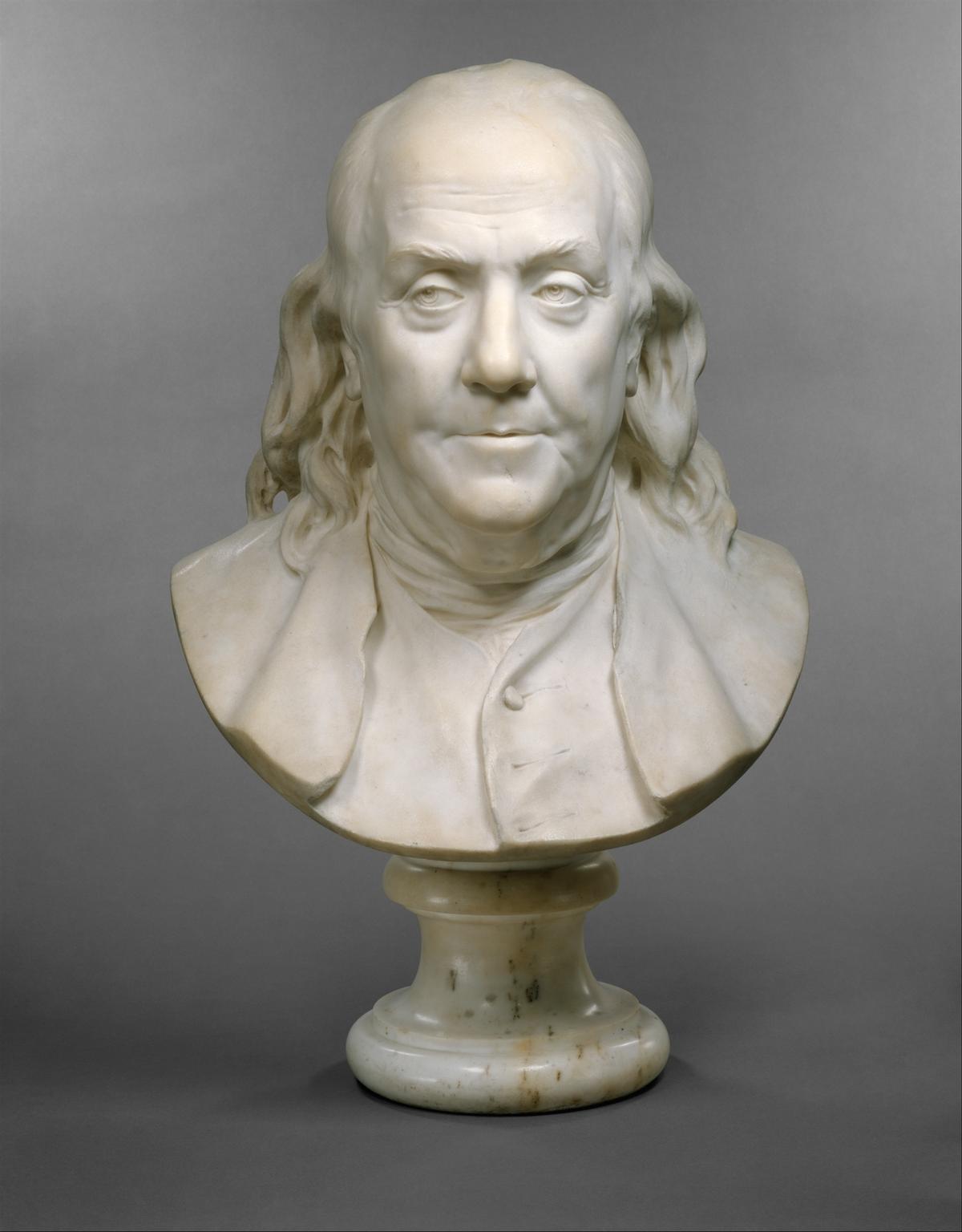 Benjamin Franklin bust, 1778, by Jean Antoine Houdon. Marble; 23 1/8 inches by 14 1/2 inches by 11 1/4 inches. Metropolitan Museum of Art, New York City. (Public Domain)