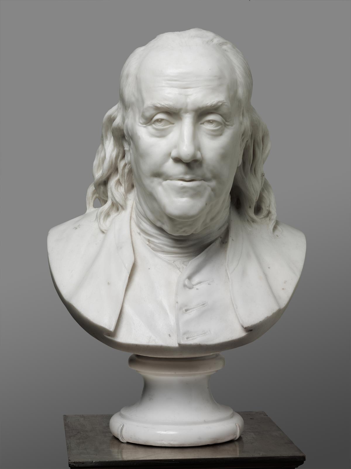 Bust of Benjamin Franklin (1706–1790), 1779, by Jean-Antoine Houdon. Marble; 21 inches by 13 1/2 inches by 10 inches. (Courtesy of Philadelphia Museum of Art)