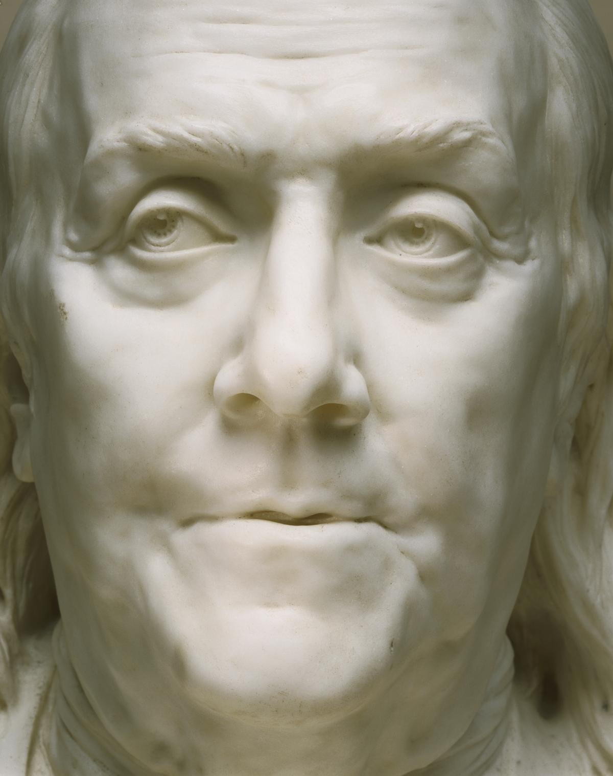 A detail of the "Bust of Benjamin Franklin (1706–1790)," 1779, by Jean-Antoine Houdon. (Courtesy of Philadelphia Museum of Art)