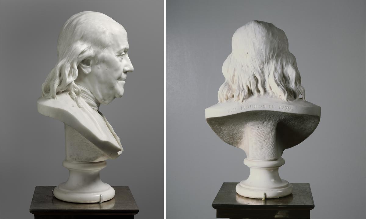 Profile and back view of "Bust of Benjamin Franklin (1706–1790)," 1779, by Jean-Antoine Houdon. Marble; 21 inches by 13 1/2 inches by 10 inches. (Courtesy of Philadelphia Museum of Art)