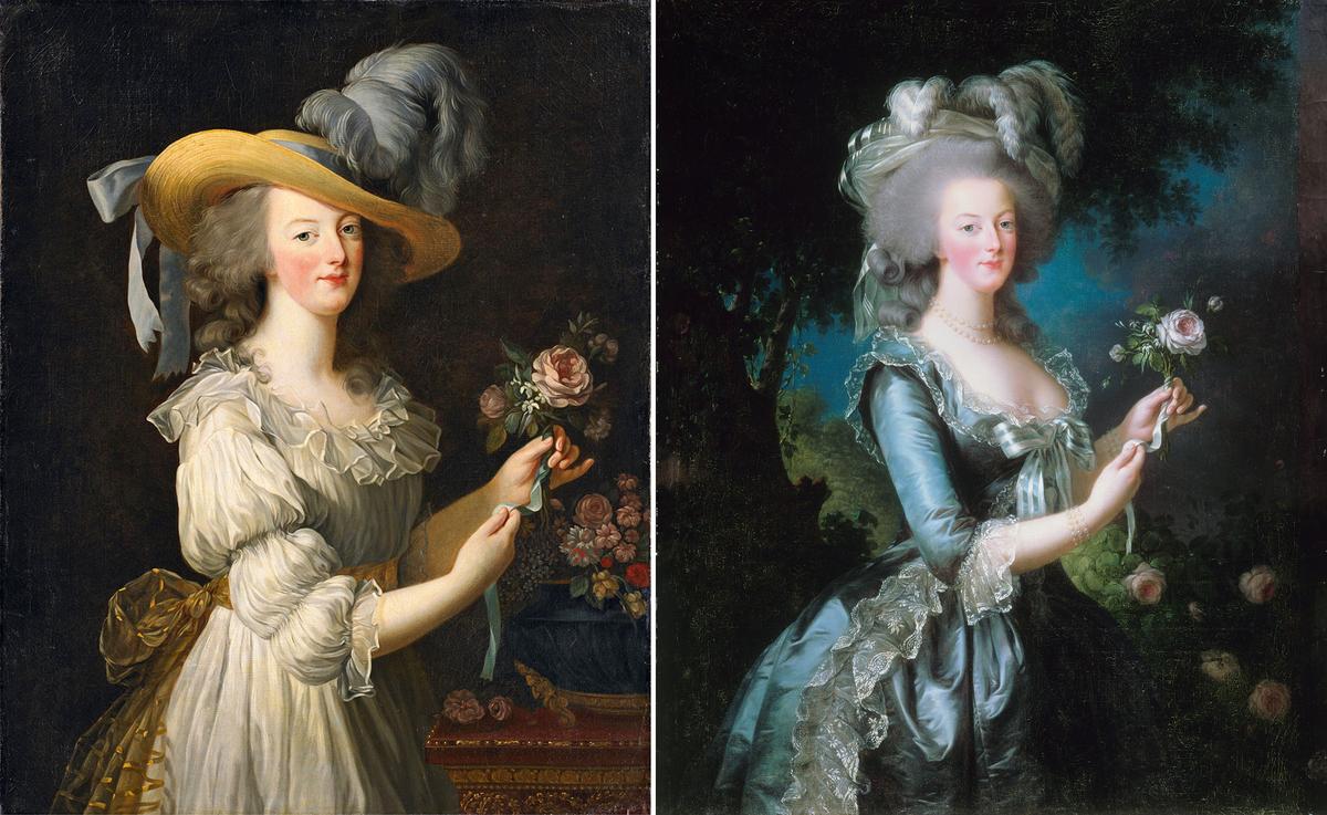 (Left) “Marie Antoinette in a Chemise Dress,” 1783, by Élisabeth-Louise Vigée Le Brun. Oil on canvas, 35 3/8 inches by 28 3/8 inches. Hessische Hausstiftung, Kronberg. (Right) “Marie Antoinette With a Rose,” 1783, by Elisabeth Louise Vigée Le Brun. Oil on canvas; 46 inches by 35 inches. Palace of Versailles. (Public Domain)