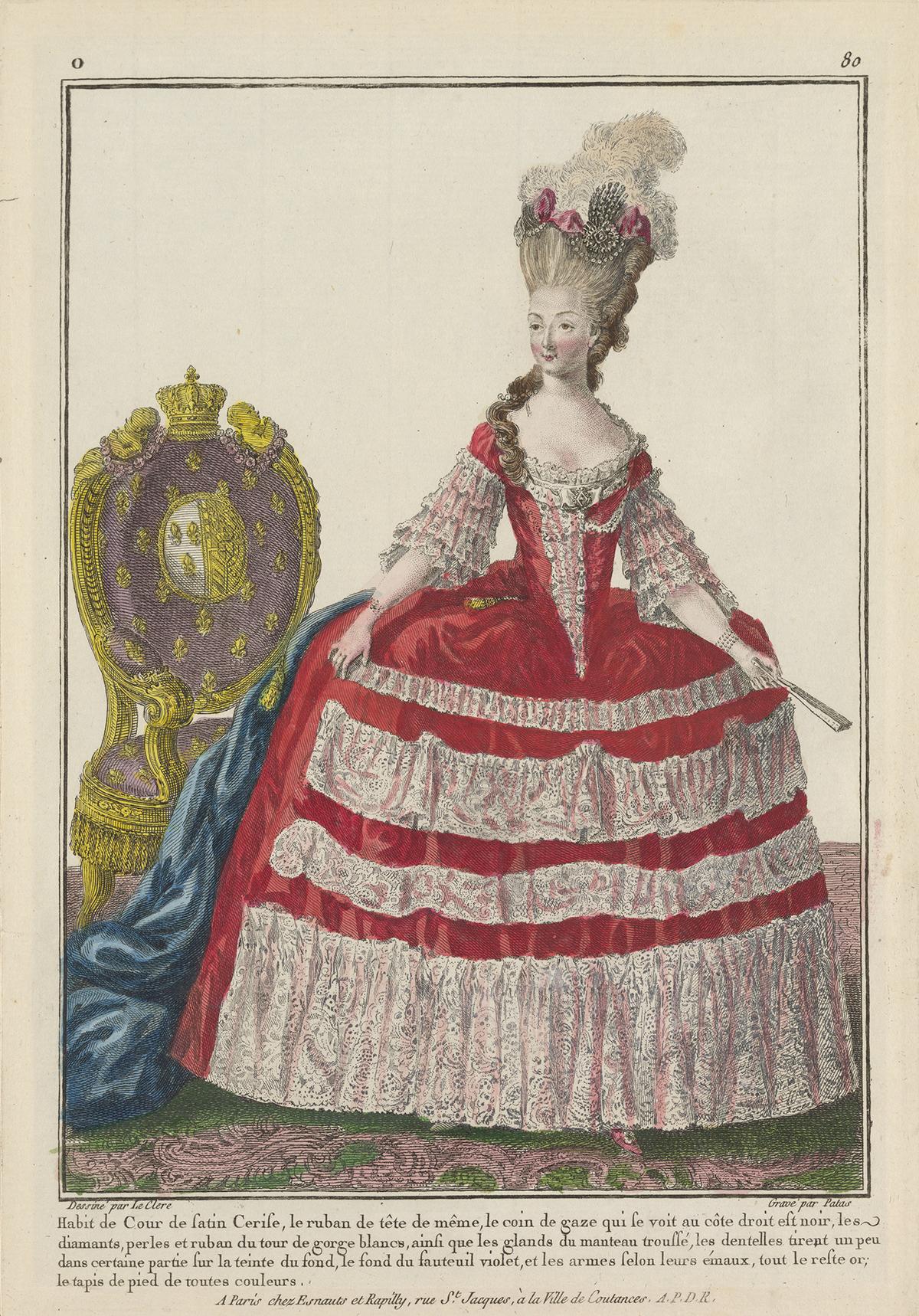 An example of habit de cour (court dress), circa 1778, designed by Pierre-Thomas Le Clerc and engraved by Charles Emmanuel Patas from "Gallerie des Modes et Costumes Français." This example worn by Marie Antoinette (identified by her royal crest on the chair) served as a symbol of status and power. (Courtesy of The Frick Art Research Library)