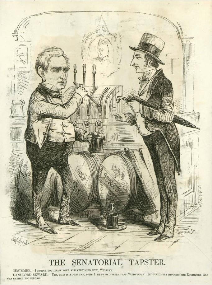 In this March 1860 cartoon, Seward serves "mild beer" in his Feb. 29, 1860, address to position himself as a moderate after the "irrepressible conflict" speech. (Public Domain)