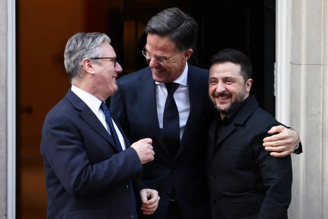 Britain's Prime Minister Keir Starmer (L), NATO Secretary General Mark Rutte (C) and Ukraine's President Volodymyr Zelensky react following a meeting at 10 Downing Street, in central London, on March 17, 2026. (Photo by Toby Shepheard / AFP via Getty Images)