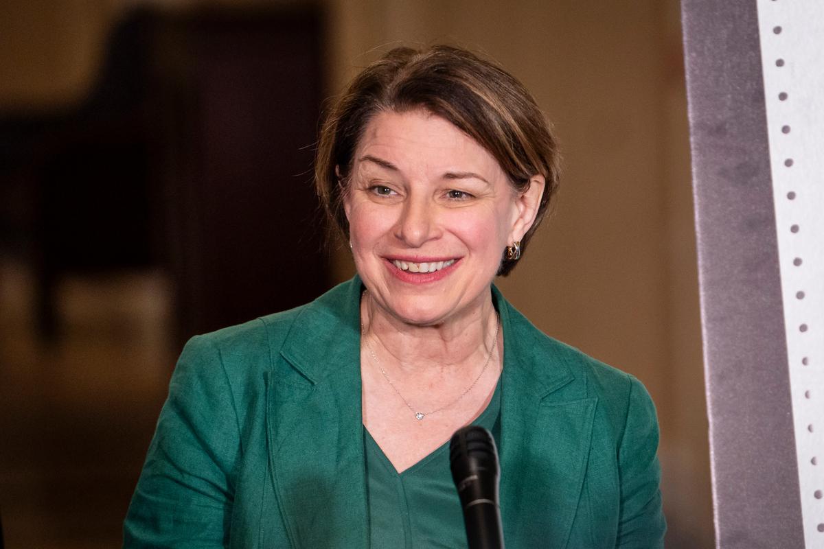 Sen. Amy Klobuchar (D-Minn.) speaks in Washington on March 17, 2026. (Madalina Kilroy/The Epoch Times)