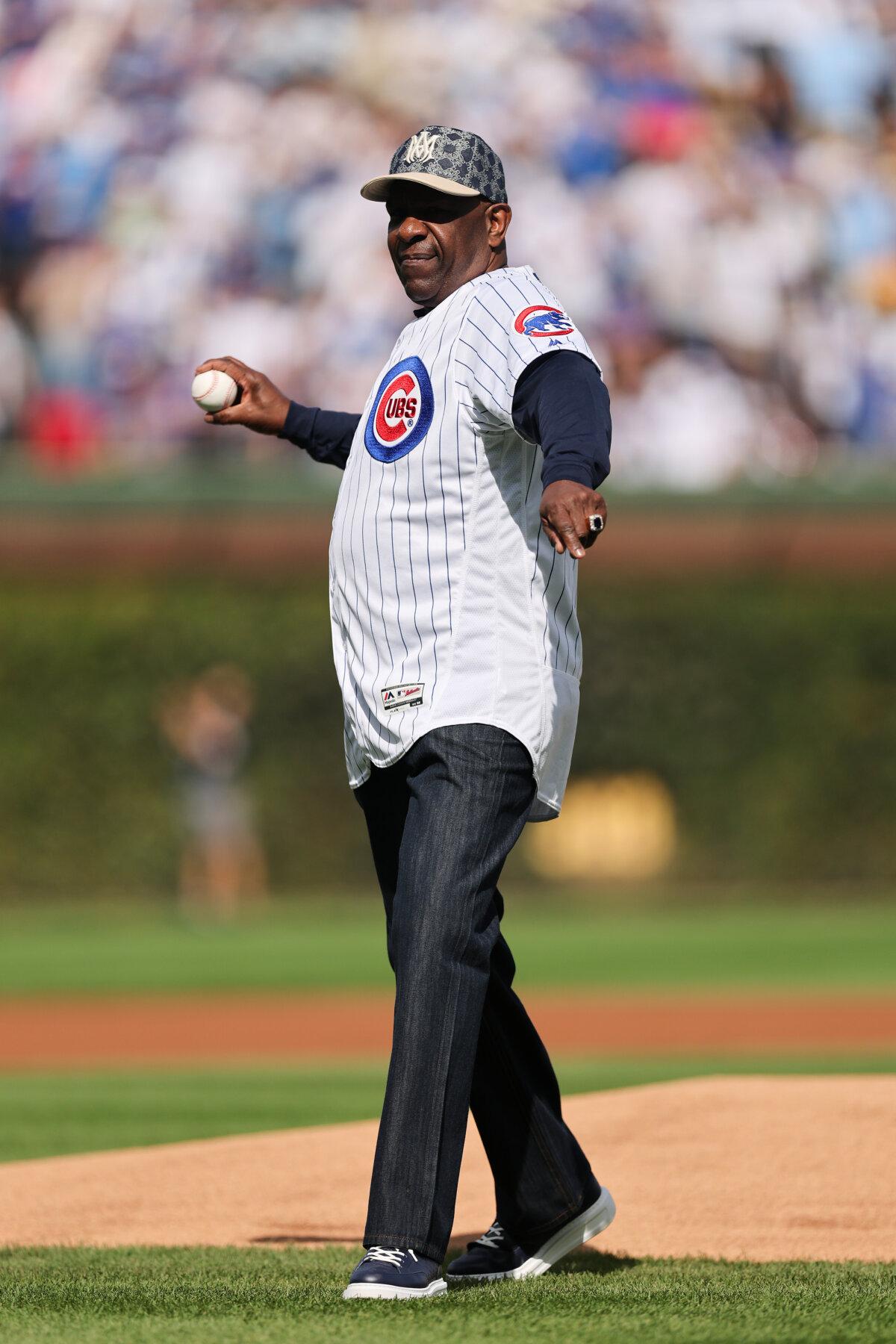 Former Chicago Cubs Andre Dawson throws the first pitch of the game prior to game two of the National League Wild Card Series between the San Diego Padres and the Chicago Cubs at Wrigley Field in Chicago, Ill., on Oct. 1, 2025. (Michael Reaves/Getty Images)