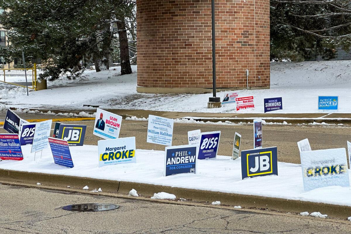Campaign signs outside the Skokie Courthouse in Skokie, Illinois. (Jackson Richman/The Epoch Times)
