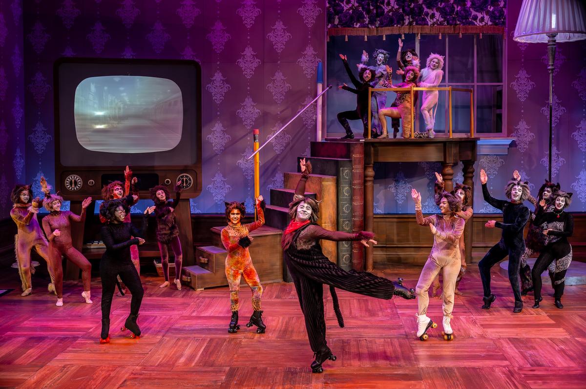 Skimbleshanks (Danny Spagnuolo, C) dances as the other cats look on, in "Cats." (Brett Beiner)