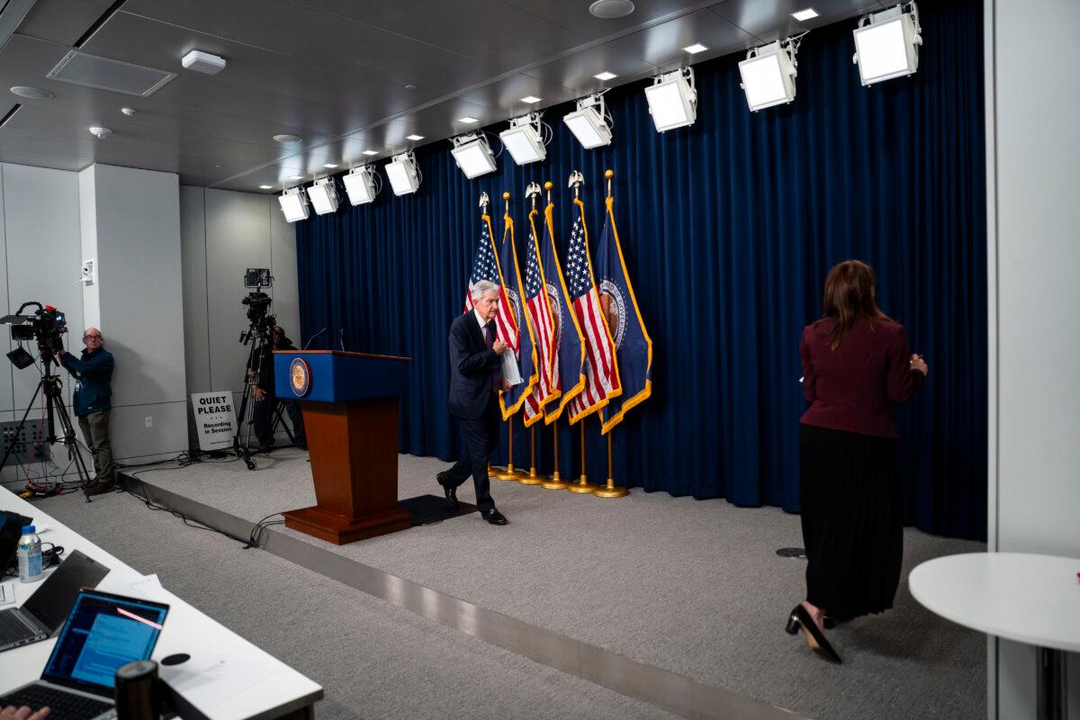 Federal Reserve Chair Jerome Powell speaks at a press conference following the Federal Open Market Committee meeting in Washington on March 18, 2026. (Madalina Kilroy/The Epoch Times)