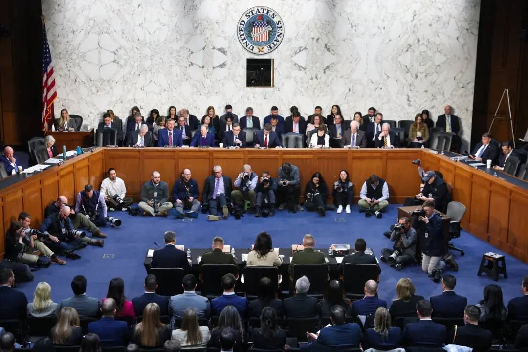(L-R) Central Intelligence Agency Director John Ratcliffe, Army Lt. Gen. William Hartman, Director of National Intelligence Tulsi Gabbard, Director of the Defense Intelligence Agency (DIA) Lt. Gen. James Adams III and Federal Bureau of Investigation Director Kash Patel testify during a Senate Intelligence Committee hearing on worldwide threats in the Hart Senate Office Building in Washington on March 18, 2026. (Kevin Dietsch/Getty Images)