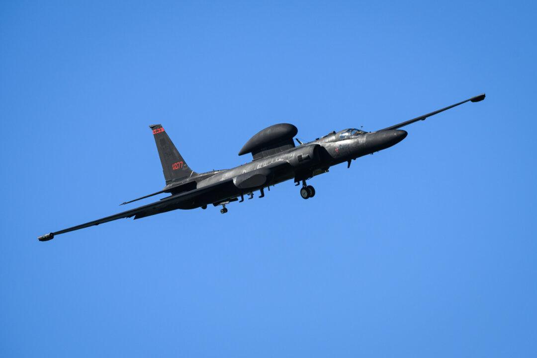 A Lockheed U-2 "Dragon Lady" high–altitude reconnaissance aircraft flies in the skies above RAF Fairford in Fairford, England, on March 18, 2026. Since UK Prime Minister Keir Starmer back-tracked on his initial refusal to allow the U.S. to use British bases to launch defensive strikes against Iranian missile sites, a variety of U.S. military aircraft, including B52 and B-1 bombers, have been spotted at RAF Fairford in Gloucestershire. (Leon Neal/Getty Images)