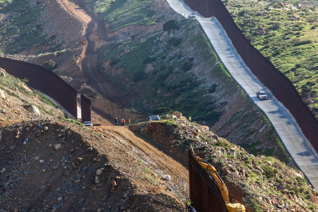 (Top) A former migrant encampment known as “Moon Camp” now sits empty of illegal immigrants in Jacumba Hot Springs, Calif., on Jan. 22, 2026. (Bottom Left) Construction on the United States Southern border wall is seen from Otay Mesa, Calif., on Jan. 21, 2026. (Bottom Right) Illegal immigrants walk toward a Border Patrol checkpoint on Otay Mountain east of San Diego on Feb. 29, 2024. (John Fredricks/The Epoch Times)