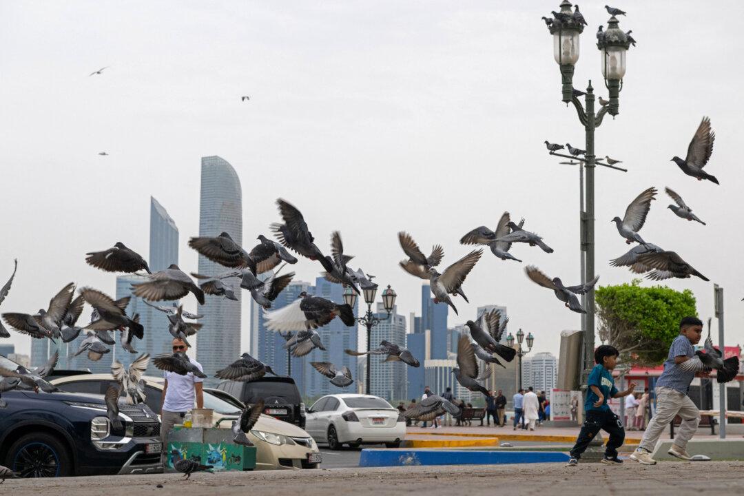 Children play as pigeons fly along the corniche area on the occasion of Eid al-Fitr, marking the end of the holy month of Ramadan, in Abu Dhabi on March 20, 2026. (Photo by Ryan Lim / AFP via Getty Images)