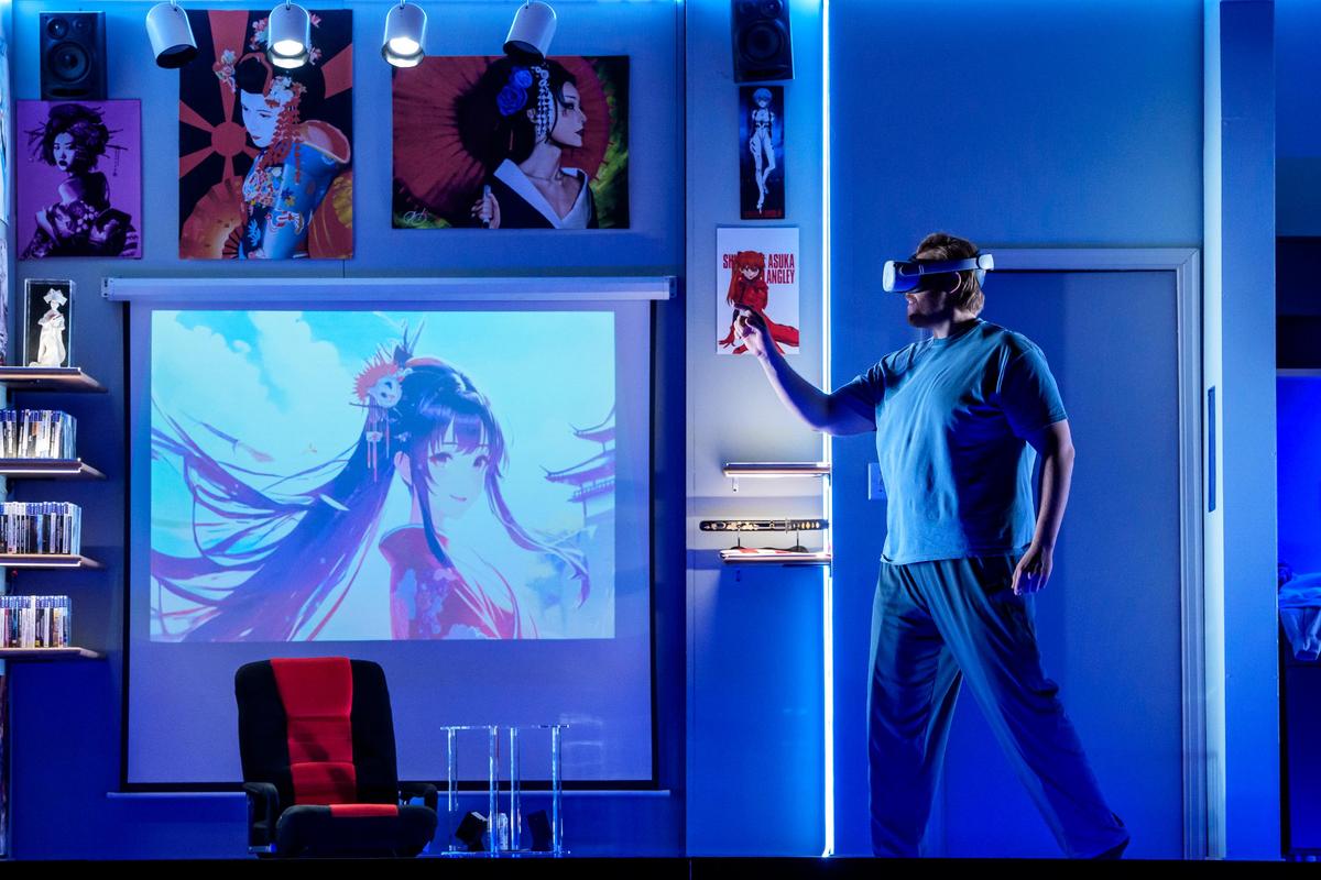 Pinkerton (Evan LeRoy Johnson) starts having trouble telling the real world from the virtual reality in his headset, in "Madama Butterfly." (Todd Rosenberg)