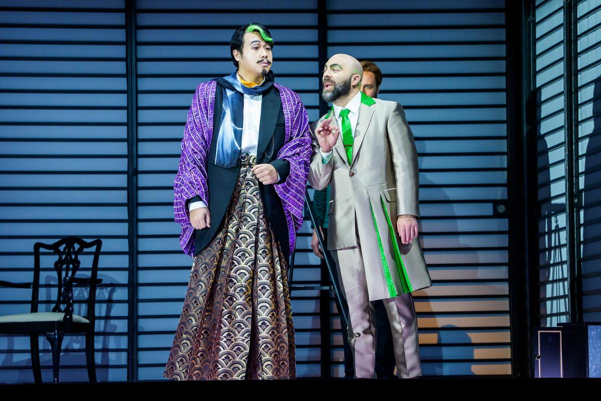 Yamadori (Sihao Hu, L) and Sharpless (Zachary Nelson) don't have Cio-Cio-San's best interests at heart, in "Madama Butterfly." (Todd Rosenberg)