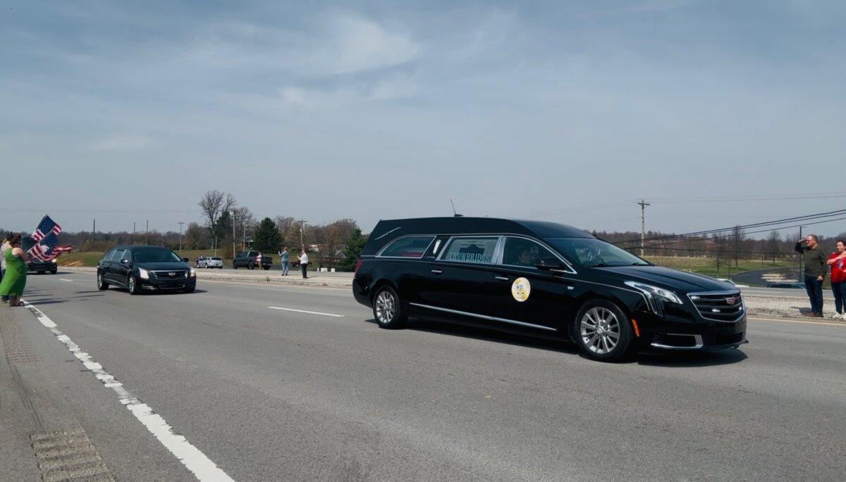 A hearse carrying Staff Sgt. Benjamin Pennington, 26, a casualty of Operation Epic Fury, arrives in his home community, Hardin County, Ky., on March 20, 2026. (Courtesy of Daniel O'Dell)