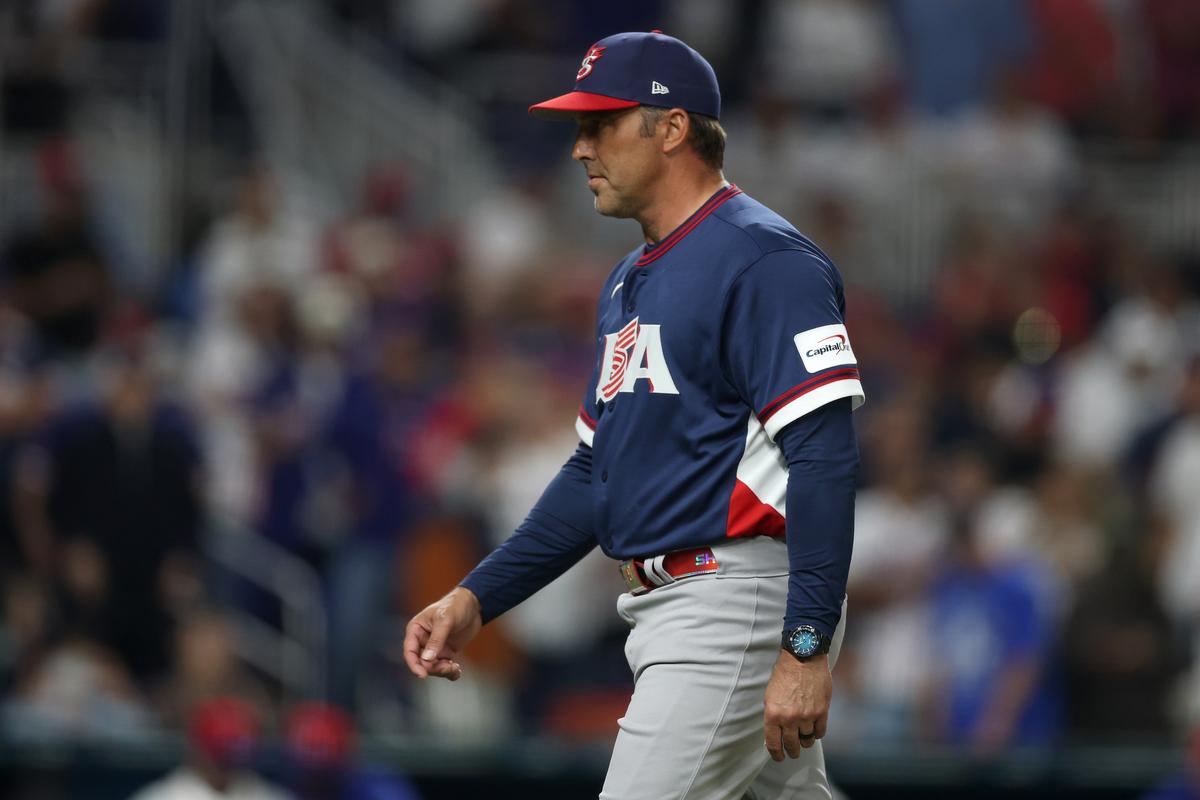 Manager Mark DeRosa #9 of Team United States leaves the field after removing Paul Skenes #30 (not pictured) from the game against Team Dominican Republic during the fifth inning at loanDepot park in Miami, Florida on March 15, 2026. (Al Bello/Getty Images)