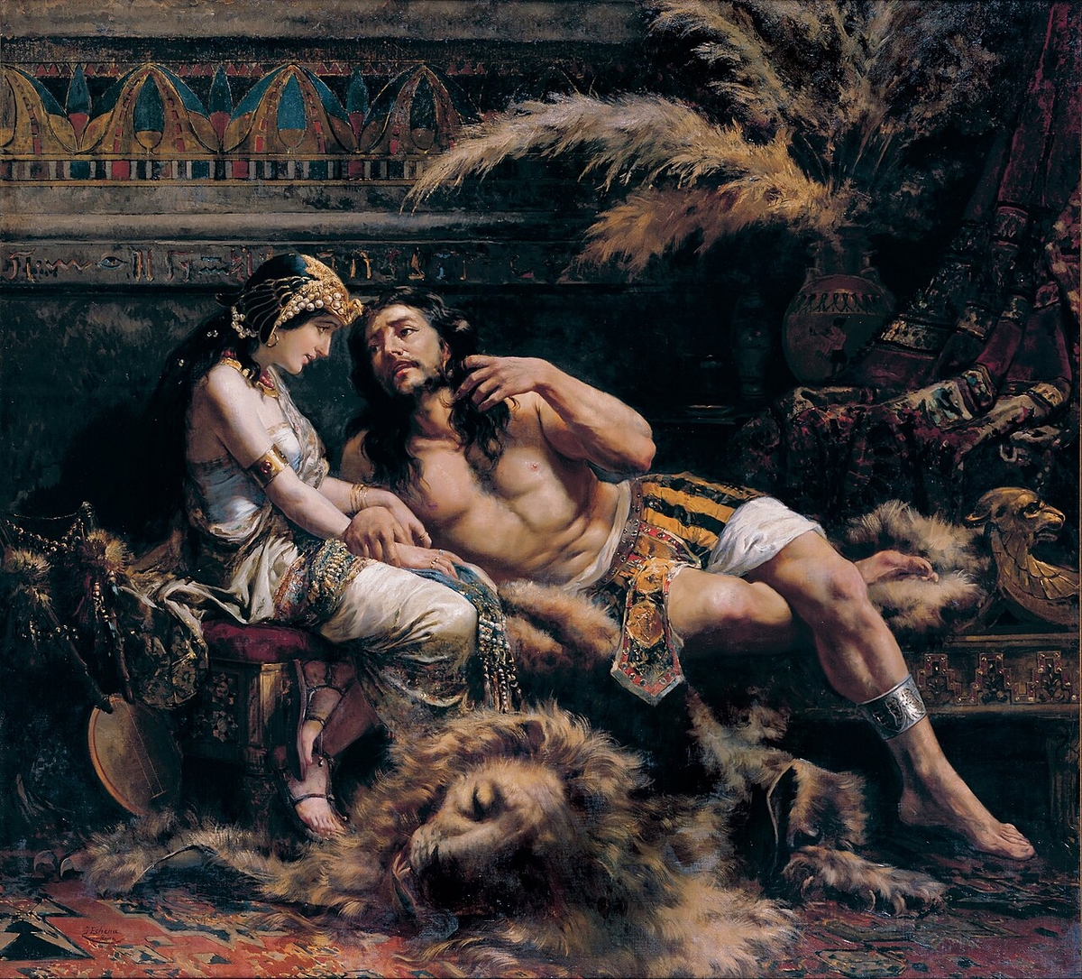 《参孙和大利拉》(Samson and Delilah),何塞‧埃特塞纳古西亚(José Echenagusia Errazquin,1844—1912年)作品。布面油画,183.7公分x200.8公分,毕尔巴鄂美术馆藏。(公有领域)