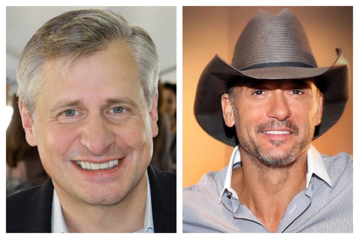 Authors Jon Meacham (L) and Tim McGraw. (<a href="https://en.wikipedia.org/wiki/Jon_Meacham#/media/File:Jon_meacham_2014.jpg">Larry D. Moore/CC BY-SA 4.0</a>; Steve Kwak/CC BY-SA 2.0)
