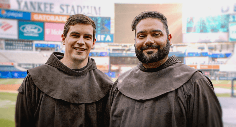 The "Bleacher Brothers," two Franciscan friars who attended MLB stadiums, in "Baseball: Beyond Belief." (Paulist Pictures)