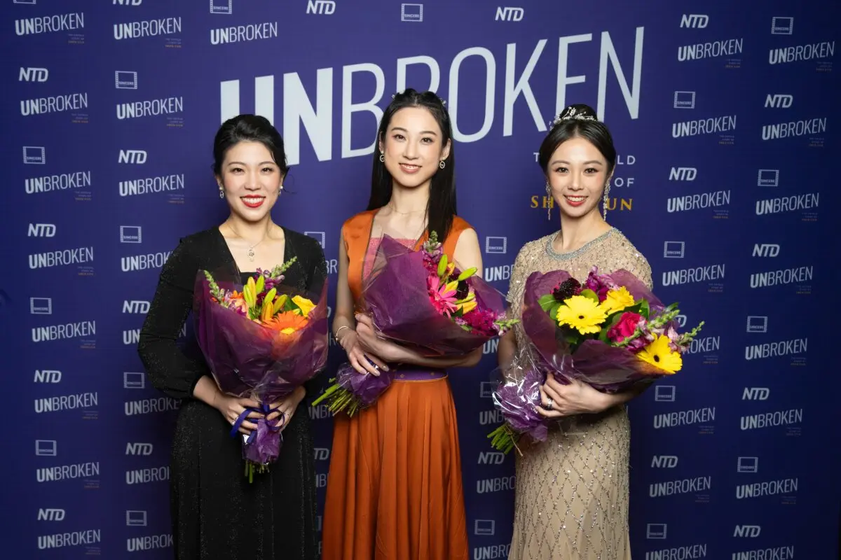 (L-R) Viola player Rachel Chen, Shen Yun principal dancer Angela Lin, and former Shen Yun dancer Alison Chen attend the world premiere of "Unbroken: The Untold Story of Shen Yun" at AMC Theater at Lincoln Square in New York City on March 24, 2026. (Samira Bouaou/The Epoch Times)