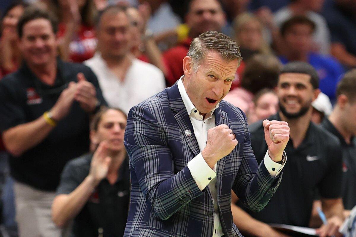 Head coach Nate Oats of the Alabama Crimson Tide reacts during the first half against the Texas Tech Red Raiders in the second round of the 2026 NCAA Men's Basketball Tournament at Benchmark International Arena in Tampa, Fla., on March 22, 2026. (Mike Carlson/Getty Images)
