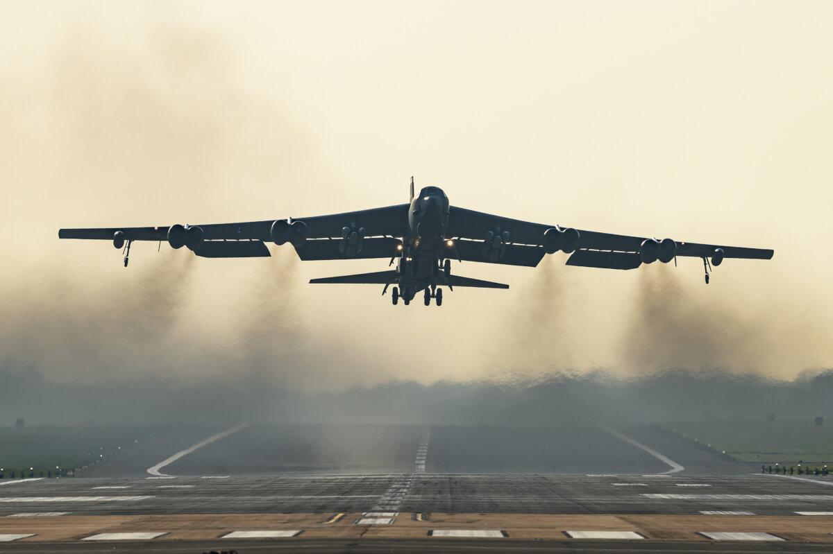 A U.S. Air Force B-52 Stratofortress strategic bomber takes off from RAF Fairford, in Fairford, England, on March 19, 2026. (Leon Neal/Getty Images)