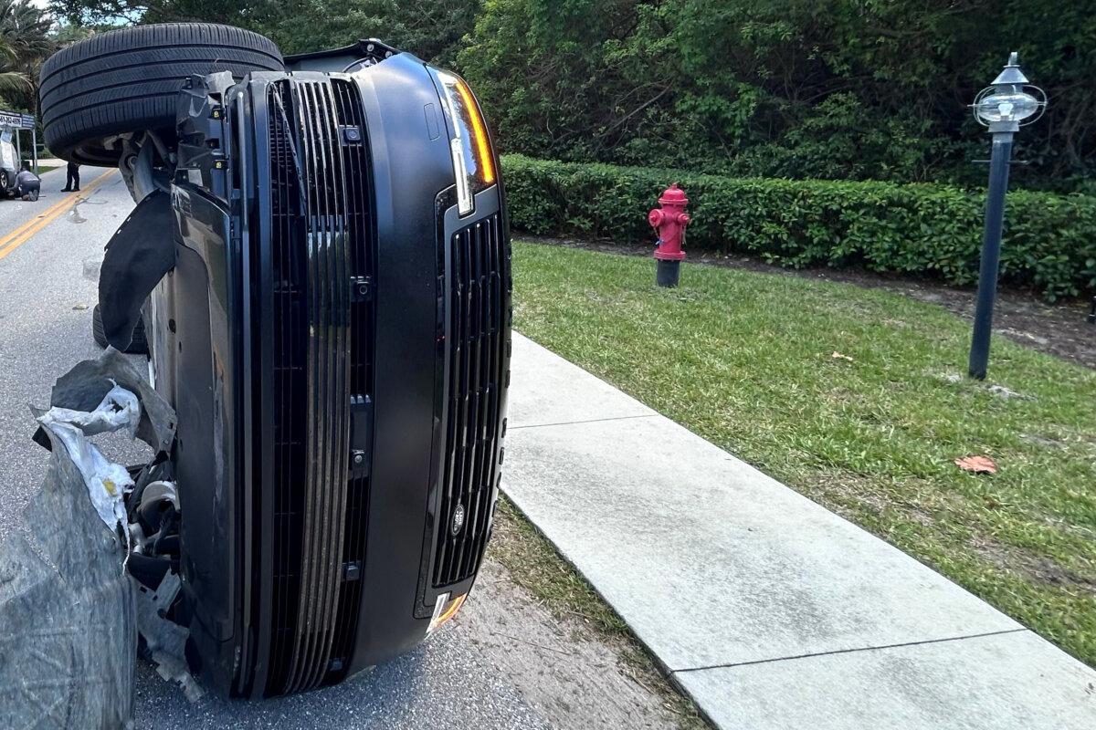 The overturned vehicle in a rollover crash that involved Tiger Woods in Jupiter Island, Fla., on March 27, 2026. (Martin County Sheriff's Office via AP)