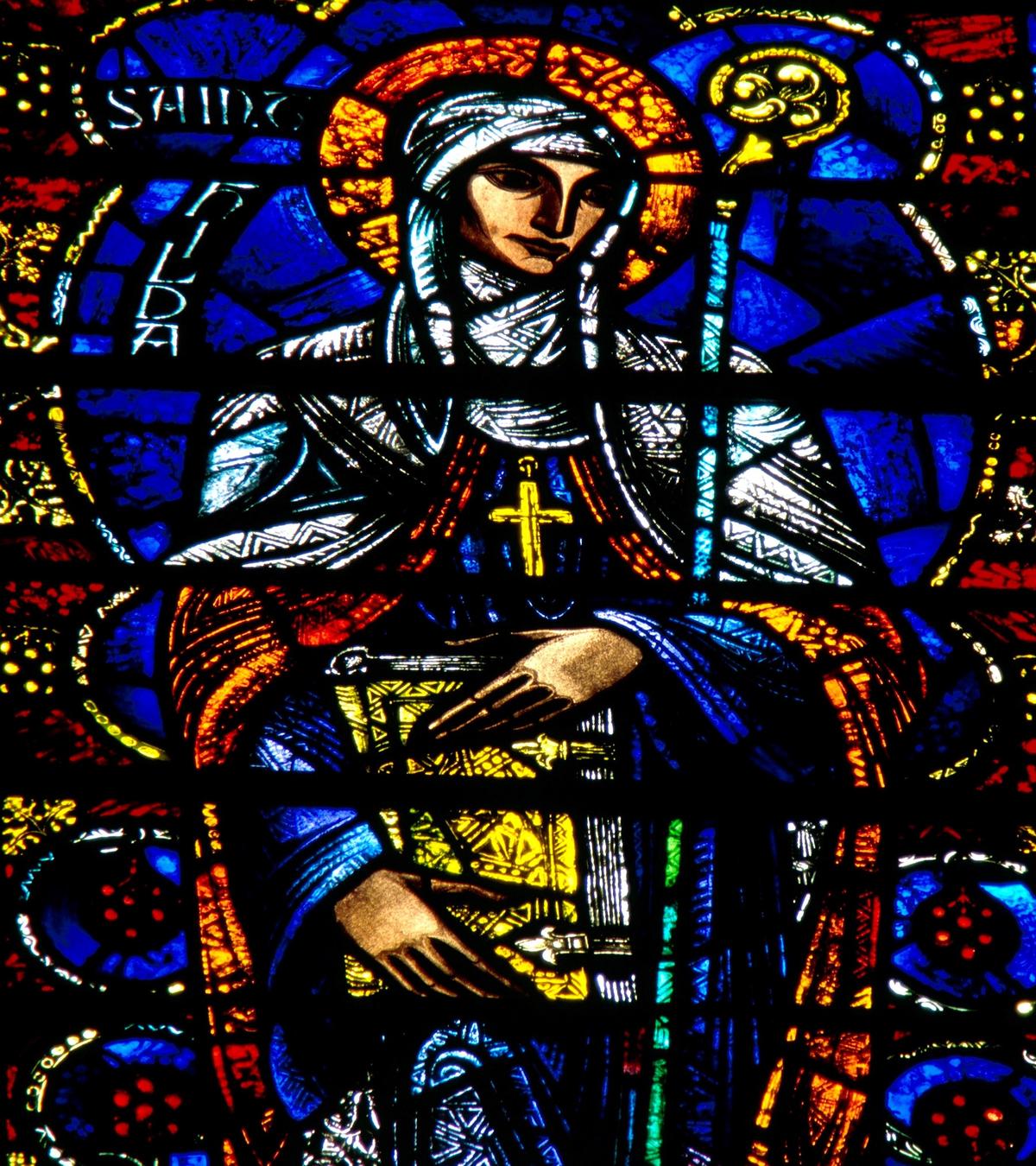 A detail of Charles J. Connick's "St. Hilda of Whitby" window, 1933, at Grace Cathedral, in San Francisco, Calif. (Peter Cormack)