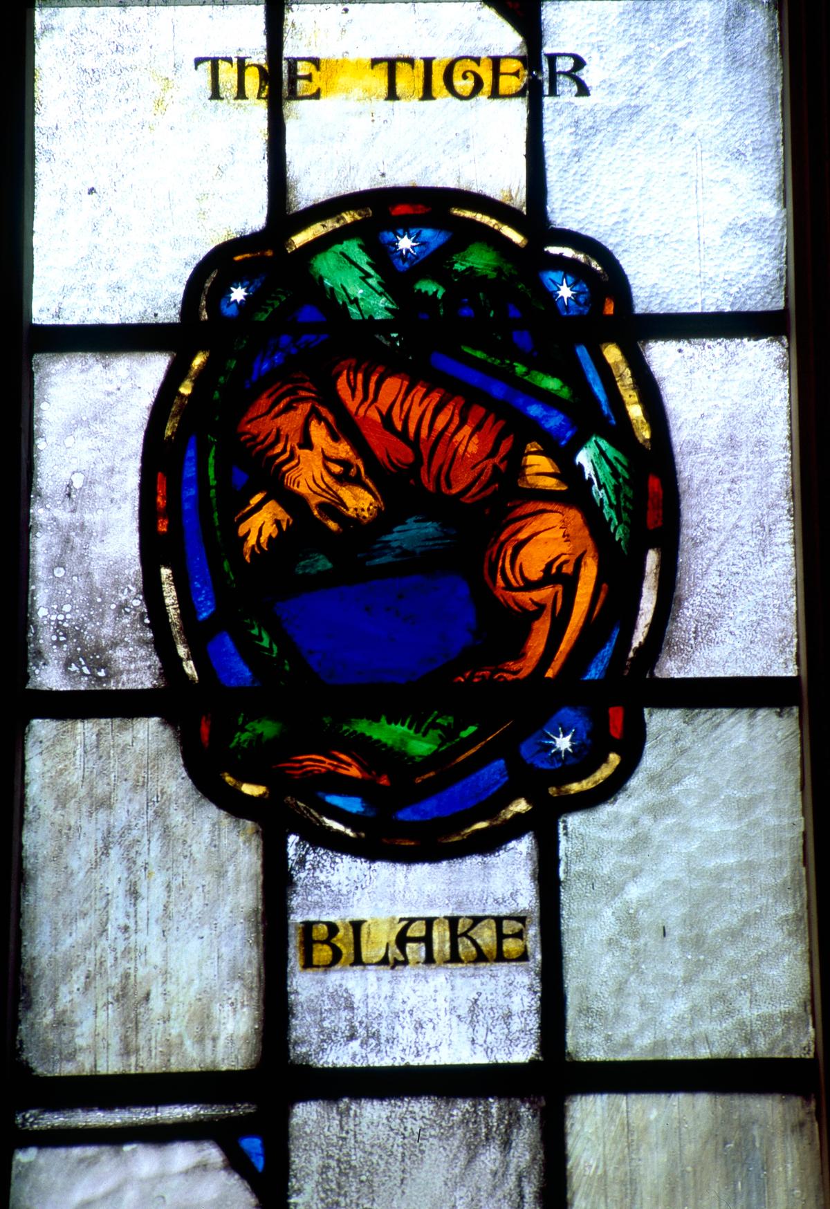 Charles J. Connick's “Tiger” window, 1928, in Peirce Hall at Kenyon College in Ohio. (Peter Cormack)
