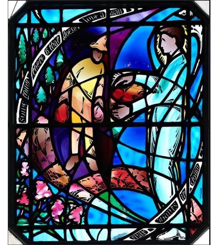 Charles J. Connick's "Mending Wall" window, 1939, with engraving from Robert Frost poem, at Newtonville Library, Newtonville, Mass. (<a class="new" title="User:Leland2018 (page does not exist)" href="https://commons.wikimedia.org/w/index.php?title=User:Leland2018&action=edit&redlink=1">Leland2018</a>/<a href="https://creativecommons.org/licenses/by-sa/4.0/deed.en" target="_blank" rel="nofollow noopener">CC BY-SA 4.0</a>)