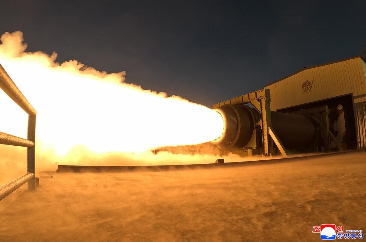 This undated photo provided on March 29, 2026, by the North Korean government, shows what it says is a solid-fuel engine test at an undisclosed place in North Korea. (Korean Central News Agency/Korea News Service via AP)