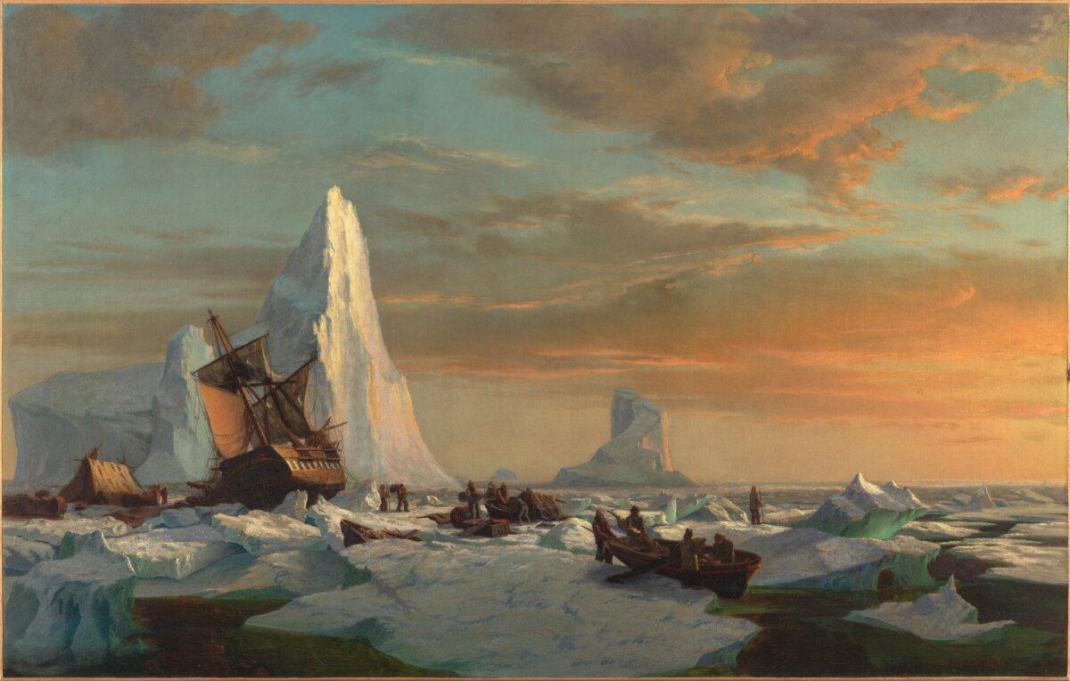 《被困北極冰層的捕鯨者》(Whalers Trapped in the Arctic Ice),威廉‧布拉德福德(William Bradford,1823—1892年)約1870—1880年作。布面油畫;71×112公分,米德爾頓家族(The Middleton Family Collection)收藏。(賓州美術學院提供)