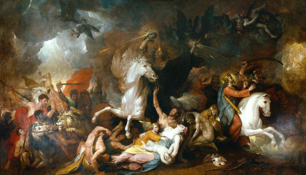 《蒼白駿馬上的死神》(Death on a Pale Horse),本傑明‧韋斯特(Benjamin West,1738—1820年)1817年作。布面油畫;447×765公分,賓州美術學院藏。(賓州美術學院提供)
