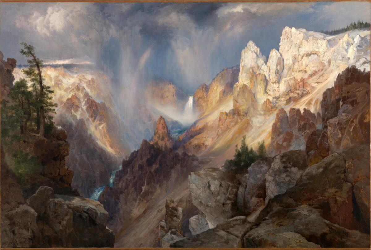 《黃石公園的迷霧》(Mists in the Yellowstone),1908年,托馬斯‧莫蘭(Thomas Moran ,1837—1926年)作。布面油畫;76×114公分,米德爾頓家族收藏(The Middleton Family Collection)。(賓州美術學院提供)