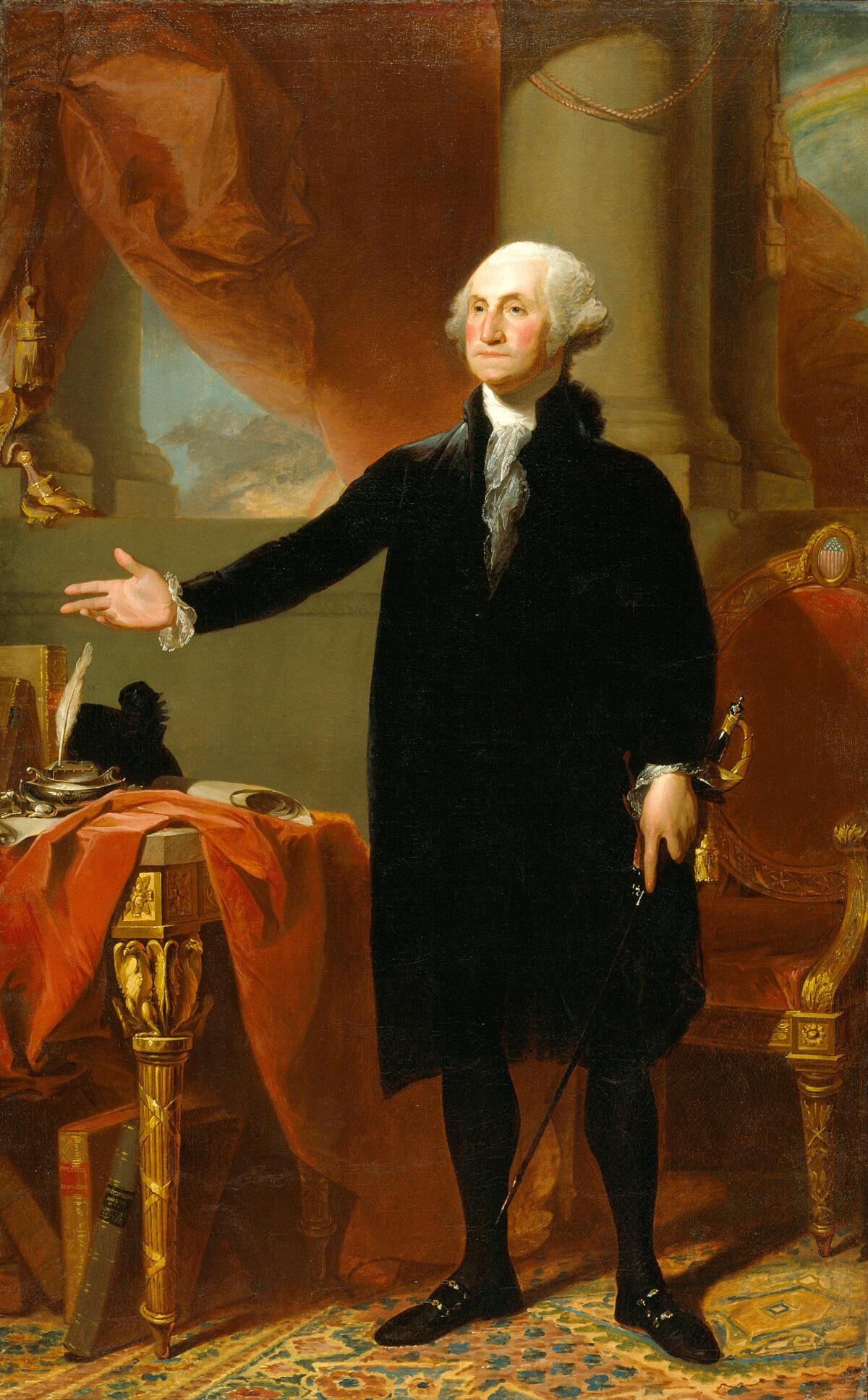 喬治‧華盛頓(George Washington,又稱「蘭斯當肖像」The Lansdowne Portrait),吉爾伯特‧斯圖爾特(Gilbert Stuart ,1755—1828年)1796年作。布面油畫;278×189公分,威廉‧賓厄姆遺贈,賓州美術學院藏。(賓州美術學院提供)