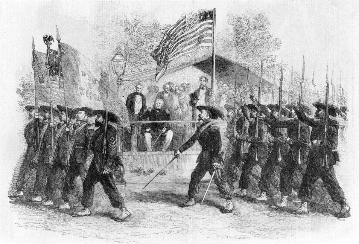 Review of the Garibaldi Guard by President Abraham Lincoln, circa 1880 by <span class="mw-mmv-author"><span title="English war correspondent and artist (1830 - disappeared in 1883)">Frank Vizetelly</span></span>. (Public Domain)