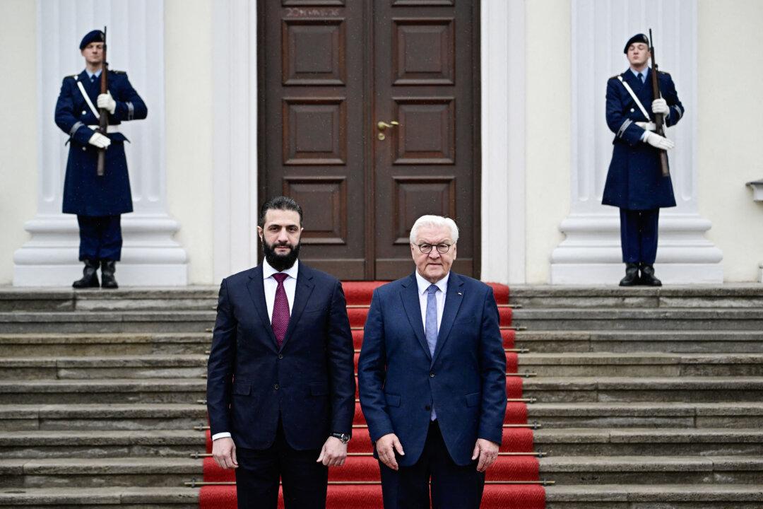 German President Frank-Walter Steinmeier welcomes Syrian President Ahmed al-Sharaa at the Bellevue presidential palace in Berlin on March 30, 2026. Syria's President Ahmed al-Sharaa visits Germany for talks on the Middle East war, rebuilding his country and Berlin's efforts to send back Syrian refugees. (Tobias Schwarz / AFP via Getty Images)