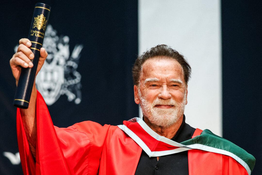 Hollywood actor and former California state governor, Arnold Schwarzenegger, attends a ceremony to receive an honorary doctorate from Ulster University in Belfast, Northern Ireland, on March 30, 2026. (Paul Faith / AFP via Getty Images)