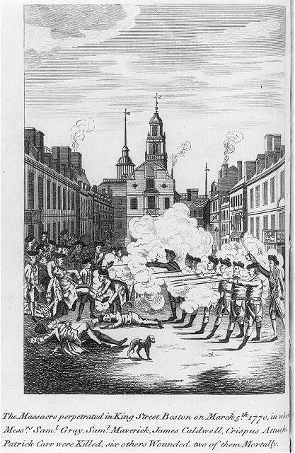 "The massacre perpetrated in King Street Boston on March 5th as British troops fire on Boston citizens," 1770. Engraving. Library of Congress. (Public Domain)
