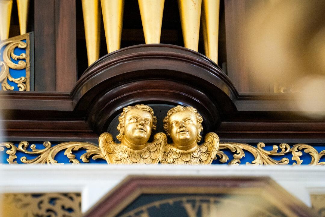 Details of a restored 1759 organ are seen at Old North Church in Boston on April 8, 2026. (Samira Bouaou/The Epoch Times)