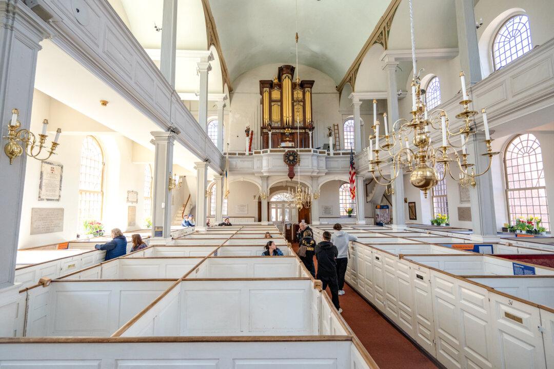 Old North Church in Boston on April 8, 2026. Today, the congregation resembles many others—despite its fame as a historic site—with pews often filled on Sundays and about half of attendees being visitors. (Samira Bouaou/The Epoch Times)