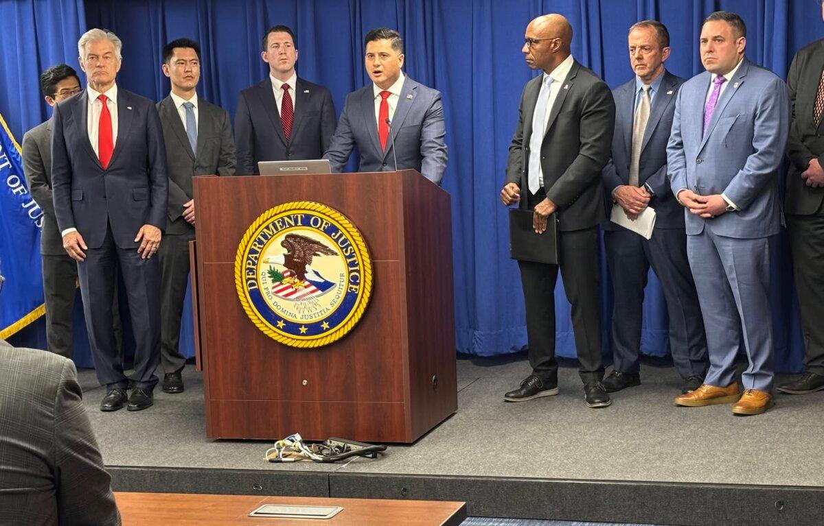 First Assistant U.S. Attorney Bill Essayli speaks to reporters on April 2, 2026, in Los Angeles about fraud found in Los Angeles County. (U.S. Department of Justice)