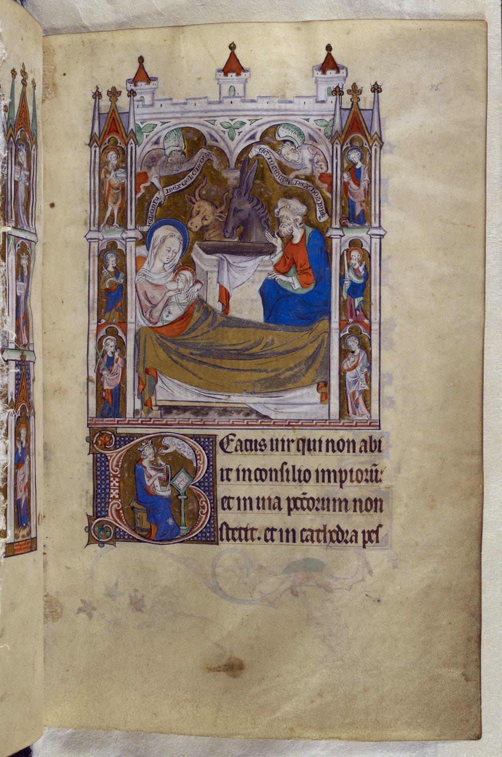 Miniature of the Nativity and historiated initial with David playing the harp from the Book of Psalms, 1310–1320. Illumination on parchment; 10 3/4 inches by 6 3/4 inches. British Library, London. (Public Domain)